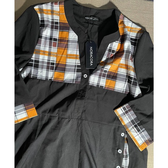 NEW Nora Cora Women’s Large L Maxi Dress Black Yellow White Plaid Trim Buttons - Picture 3 of 5
